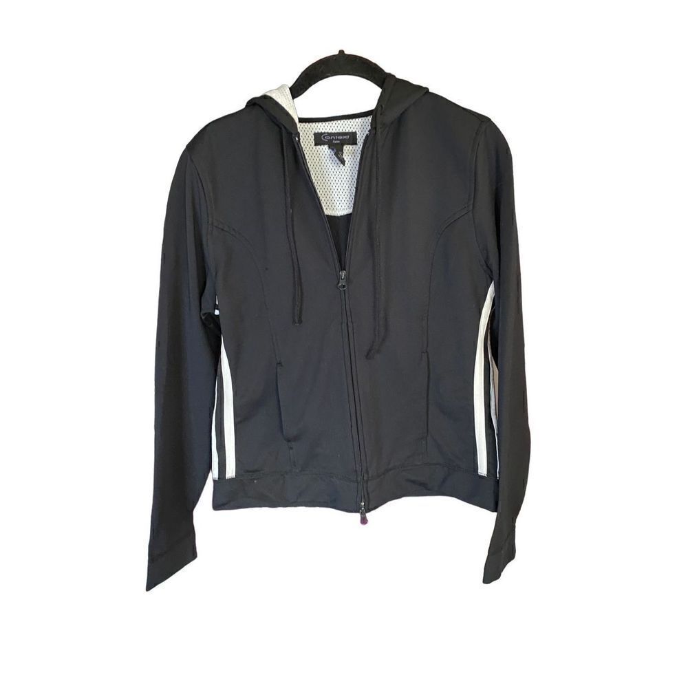 Context, women’s black, white striped full zip jacket size petite medium